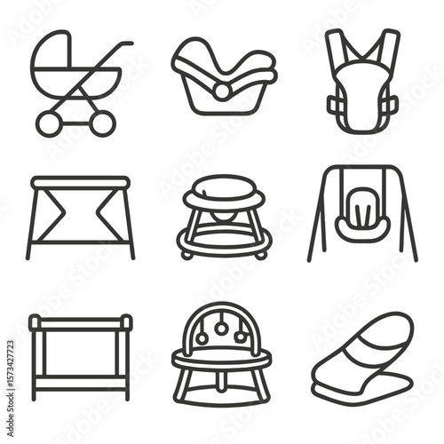 Baby Gear Icons. Outline style icons of baby gear: stroller, infant car seat, baby carrier, travel crib, baby walker, baby swing,