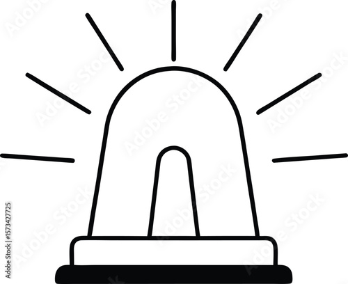 Black and White Simple Line Drawing of a Rotating Emergency Siren Light Beacon Flashing Warning Signal with Radiating Lines