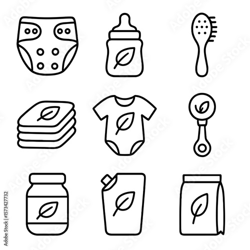 Sustainable Baby Icons. Outline style icons of Sustainable Baby Care: cloth diaper, eco bottle, bamboo brush, reusable wipes,