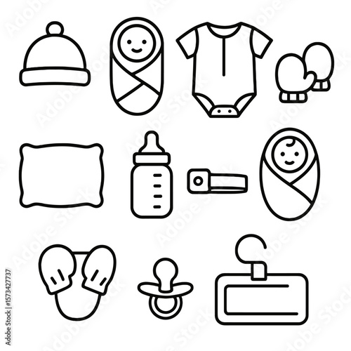 Newborn Essentials Icons. Outline style icons of newborn essentials: baby cap, swaddle wrap, newborn onesie, soft mittens, sleep