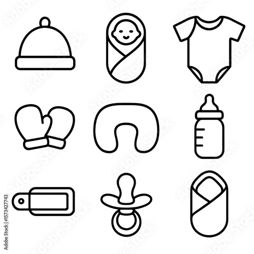 Newborn Essentials Icons. Outline style icons of newborn essentials: baby cap, swaddle wrap, newborn onesie, soft mittens, sleep