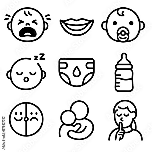 Baby Communication Icons. Outline style icons of baby communication: crying face, giggling mouth, pacifier in use, sleepy icon,
