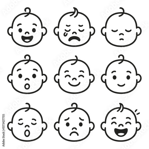 Baby Expressions Icons. Outline style icons of baby expressions: happy baby, fussy baby, sleepy baby, surprised baby, giggling