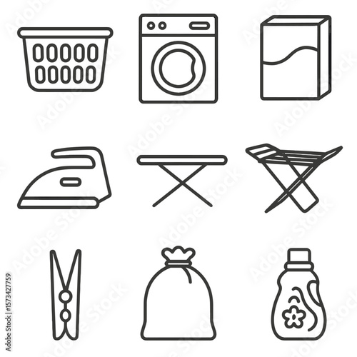 Laundry Icon Set. Outline style icons of laundry items: laundry basket, washing machine, detergent box, iron, ironing board,