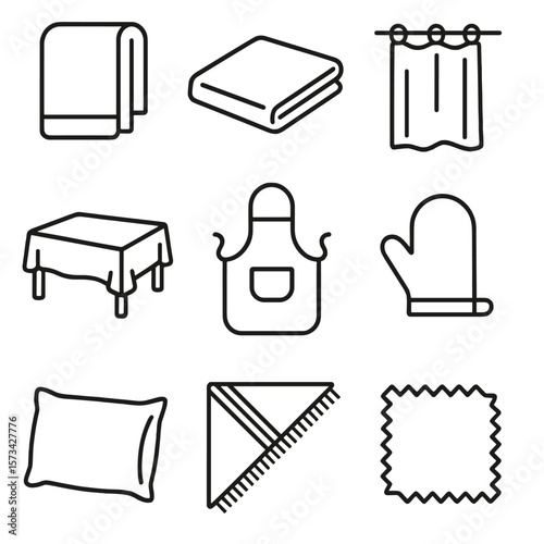 Textile Outline Icons. Outline style icons of everyday textiles: towel, bedsheet, curtain panel, tablecloth, apron, oven mitt,