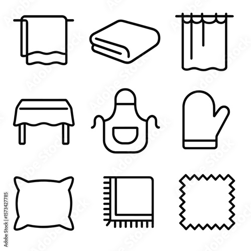 Textile Outline Icons. Outline style icons of everyday textiles: towel, bedsheet, curtain panel, tablecloth, apron, oven mitt,