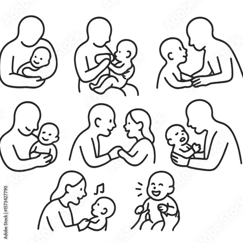 Parent-Baby Bonding Icons. Outline style icons of parent-baby bonding: cuddling, feeding on lap, eye contact, baby massage, shared