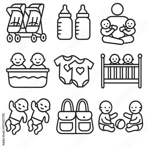 Twin Baby Icons. Outline style icons of twin baby activities: double stroller, twin bottles, tandem feeding, dual bath, twin