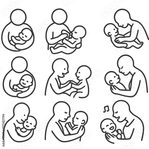 Parent-Baby Bonding Icons. Outline style icons of parent-baby bonding: cuddling, feeding on lap, eye contact, baby massage, shared