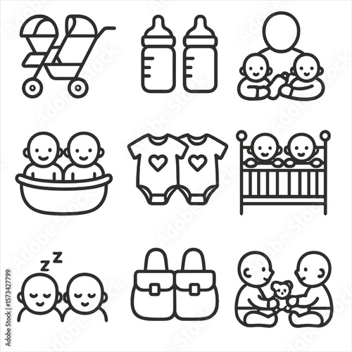 Twin Baby Icons. Outline style icons of twin baby activities: double stroller, twin bottles, tandem feeding, dual bath, twin