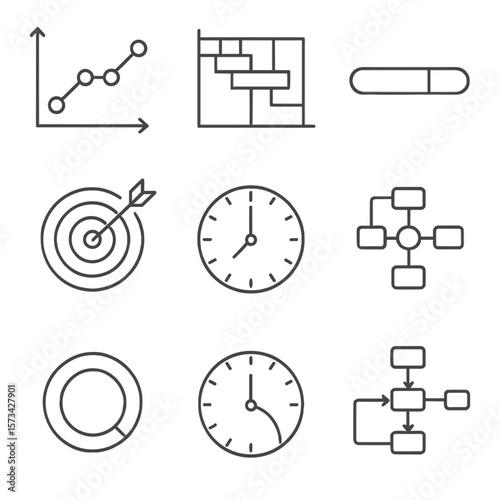 Time Management Icons. Outline style icons of time targeting visuals: timeline graph, Gantt chart, progress bar, target circle,