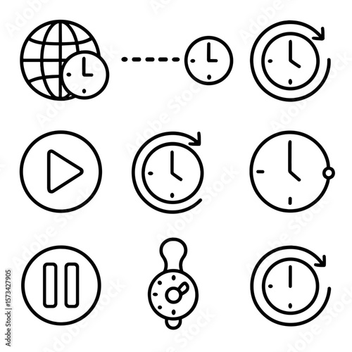 Time Management Icons. Outline style icons of time targeting settings: time zone, custom interval, repeat cycle, start trigger,