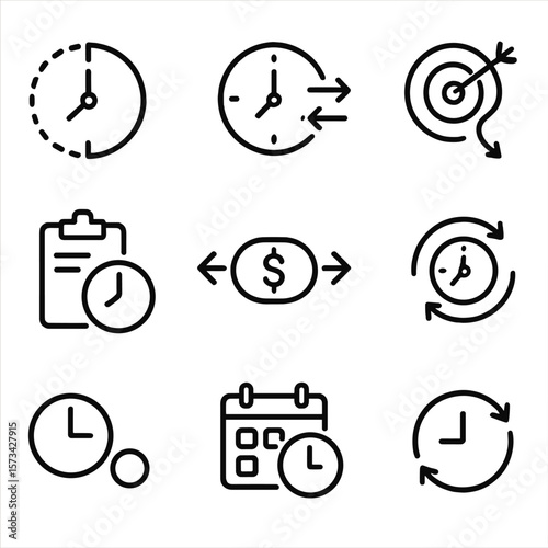 Time Flexibility Icons. Outline style icons of time targeting flexibility: time buffer, adjust window, flexible goal, shift plan,