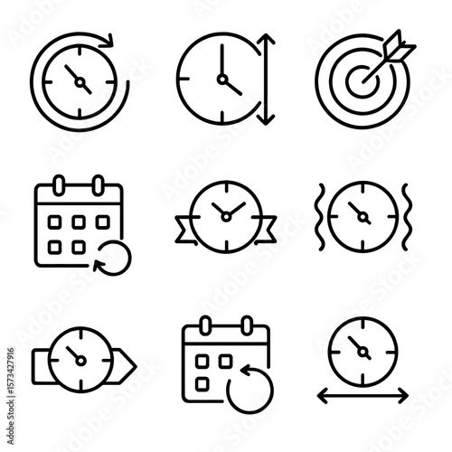 Time Flexibility Icons. Outline style icons of time targeting flexibility: time buffer, adjust window, flexible goal, shift plan,