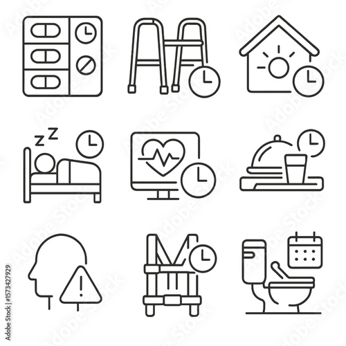 Elderly Care Icons. Outline style icons of Elderly Care Time and Safety: pill schedule chart, walker with timer, home alarm button