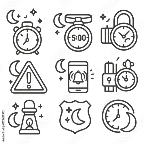 Night Safety Icons. Outline style icons of Night Safety and Timing: curfew timer, night patrol clock, headlamp with countdown,