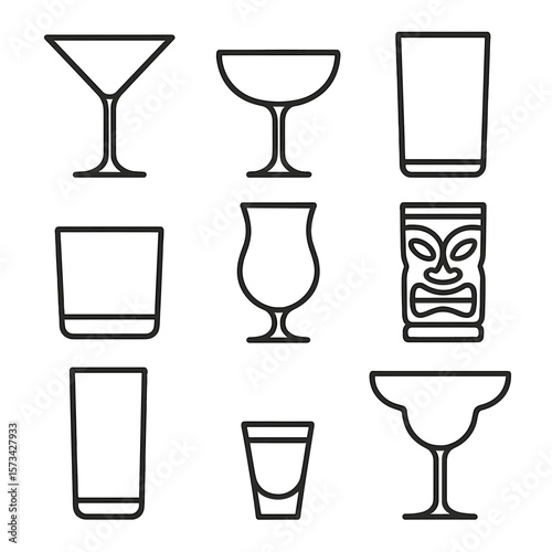 Cocktail Glass Icons. Outline style icons of Cocktail Glass Types: martini glass, coupe glass, highball glass, rocks glass,