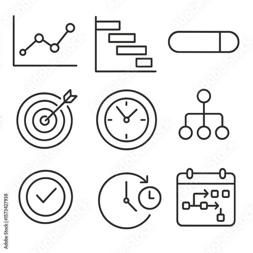 Time Management Icons. Outline style icons of time targeting visuals: timeline graph, Gantt chart, progress bar, target circle,