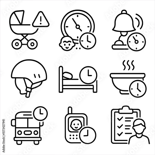 Child Safety Time Icons. Outline style icons of Child Safety with Time Focus: stroller with alert, playtime clock, schoolbell