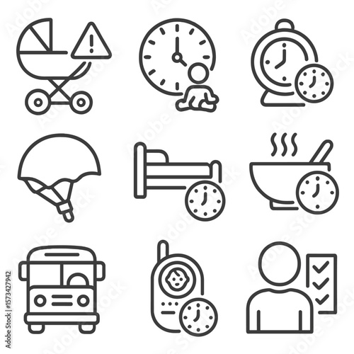 Child Safety Time Icons. Outline style icons of Child Safety with Time Focus: stroller with alert, playtime clock, schoolbell