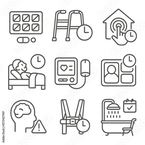Elderly Care Icons. Outline style icons of Elderly Care Time and Safety: pill schedule chart, walker with timer, home alarm button