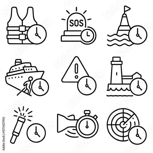 Maritime Safety Icons. Outline style icons of Maritime Safety and Timed Alerts: life jacket with clock, SOS light timer, buoy with