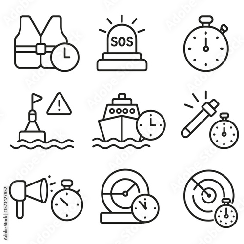 Maritime Safety Icons. Outline style icons of Maritime Safety and Timed Alerts: life jacket with clock, SOS light timer, buoy with