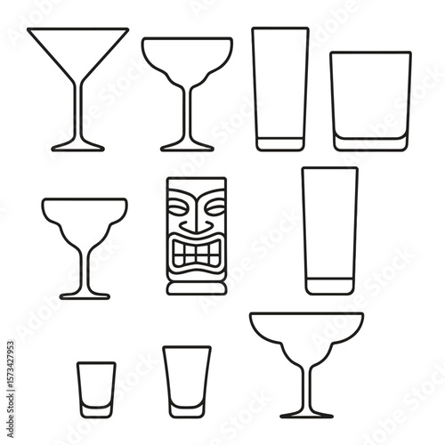 Cocktail Glass Icons. Outline style icons of Cocktail Glass Types: martini glass, coupe glass, highball glass, rocks glass,