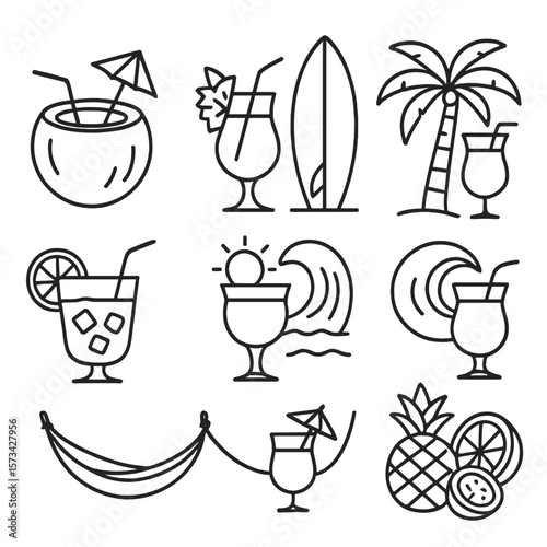 Tropical Cocktail Icons. Outline style icons of Tropical Cocktails: coconut shell drink, pineapple garnish, surfboard with