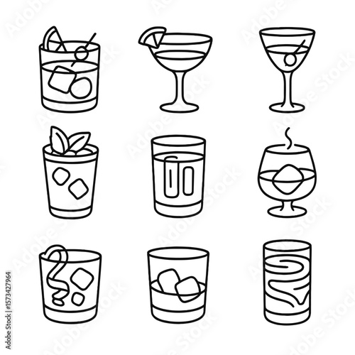 Whiskey Cocktail Icons. Outline style icons of Whiskey-Based Cocktails: old fashioned, whiskey sour, Manhattan, mint julep,