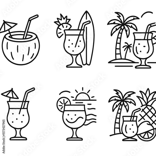 Tropical Cocktail Icons. Outline style icons of Tropical Cocktails: coconut shell drink, pineapple garnish, surfboard with