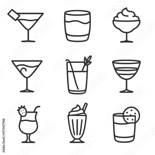 Dessert Cocktail Icons. Outline style icons of Dessert Cocktails: chocolate martini, creamy liqueur, cookie garnish, whipped cream