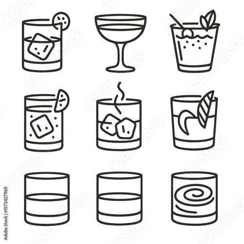 Whiskey Cocktail Icons. Outline style icons of Whiskey-Based Cocktails: old fashioned, whiskey sour, Manhattan, mint julep,