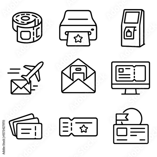 Ticket Printing Icons. Outline style icons of Ticket Printing and Distribution: roll of tickets, desktop ticket printer,