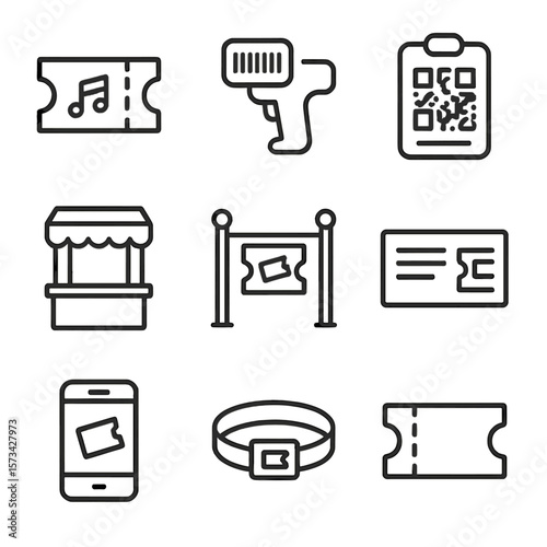 Event Ticket Icons. Outline style icons of Event Ticketing: concert ticket, barcode scanner, QR code pass, ticket booth, entry