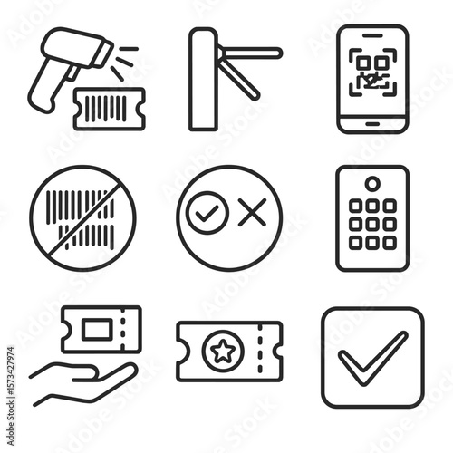 Ticket Validation Icons. Outline style icons of Ticket Validation: scanner with light, turnstile entry, mobile QR screen, barcode
