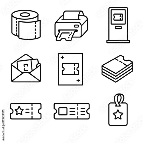 Ticket Printing Icons. Outline style icons of Ticket Printing and Distribution: roll of tickets, desktop ticket printer,