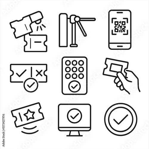 Ticket Validation Icons. Outline style icons of Ticket Validation: scanner with light, turnstile entry, mobile QR screen, barcode