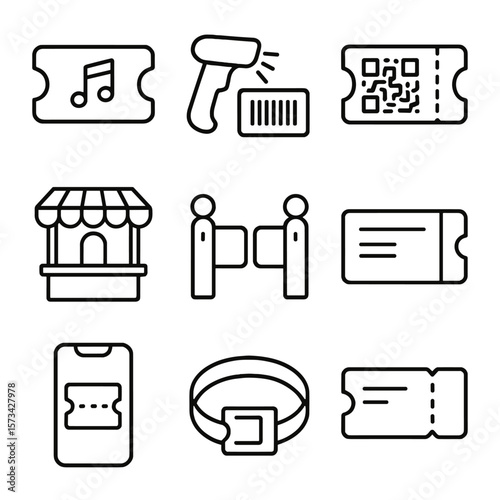 Event Ticket Icons. Outline style icons of Event Ticketing: concert ticket, barcode scanner, QR code pass, ticket booth, entry