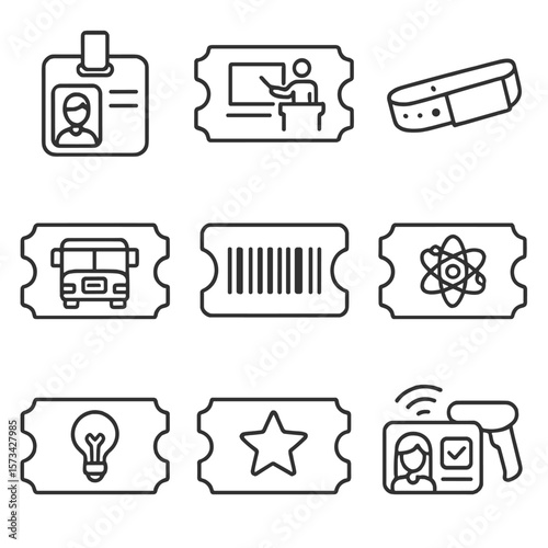 Educational Ticket Icons. Outline style icons of Educational Ticketing: student ID pass, lecture ticket, school trip wristband,