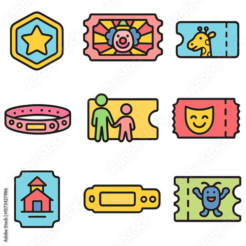 Kids Event Tickets. Outline style icons of Ticketing for Kids Events: colorful badge, cartoon show pass, zoo ticket, birthday