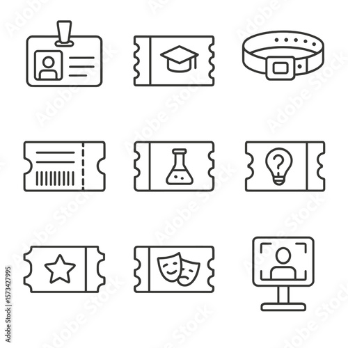 Educational Ticket Icons. Outline style icons of Educational Ticketing: student ID pass, lecture ticket, school trip wristband,