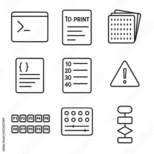 Early Programming Icons. Outline style icons of Early Programming Tools: command prompt screen, BASIC language text, FORTRAN punch