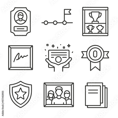 Legacy Award Icons. Outline style icons of Team Legacy and Awards: hall of fame plaque, timeline of victories, trophy cabinet icon
