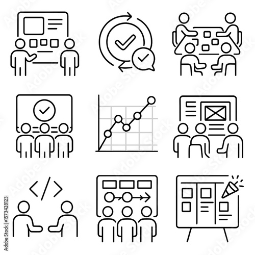 Product Development Icons. Outline style icons of Product Development Teamwork: prototype board, feedback loop icon, design sprint