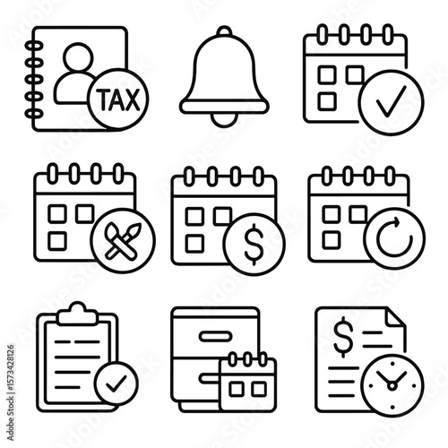 Tax Planning Icons. Outline style icons of Personal Tax Planning: personal planner with tax symbol, reminder bell, self-employment