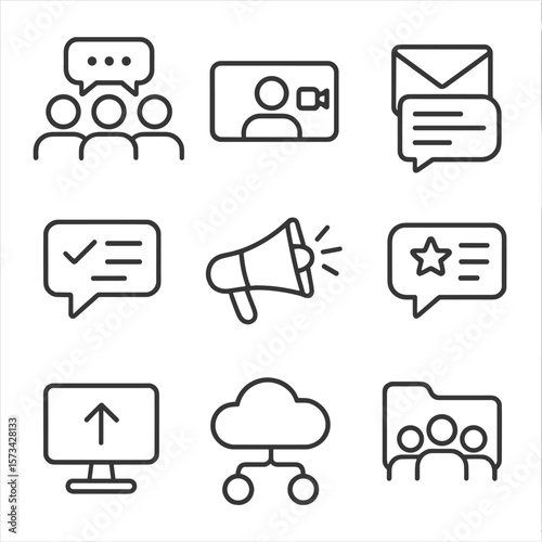 Team Communication Icons. Outline style icons of Team Communication Tools: group messaging app, video call icon, shared email