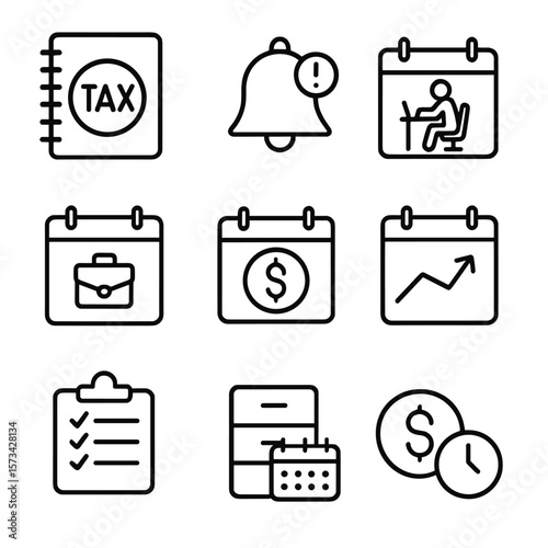 Tax Planning Icons. Outline style icons of Personal Tax Planning: personal planner with tax symbol, reminder bell, self-employment