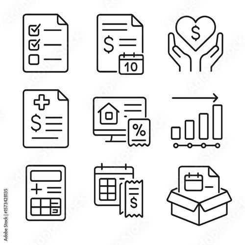 Tax Deduction Icons. Outline style icons of Tax Deductions by Schedule: schedule A checklist, expense form with date, charitable