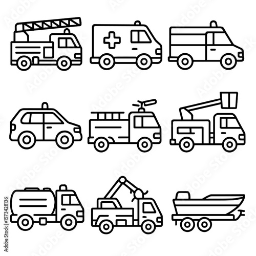 Emergency Vehicle Icons. Outline style icons of Emergency Trucks: fire truck with ladder, ambulance truck, rescue truck, emergency
